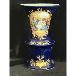 Vintage Limoges Cobalt Blue And 22k Gold Vase Hand-Painted Fragonard scene 8”